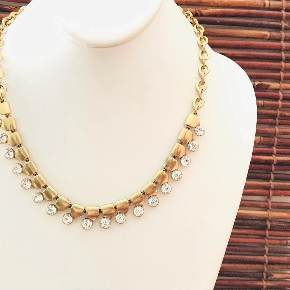 J. Crew Matte Gold Tone Rhinestone Statement Necklace 18” - 21.5”
